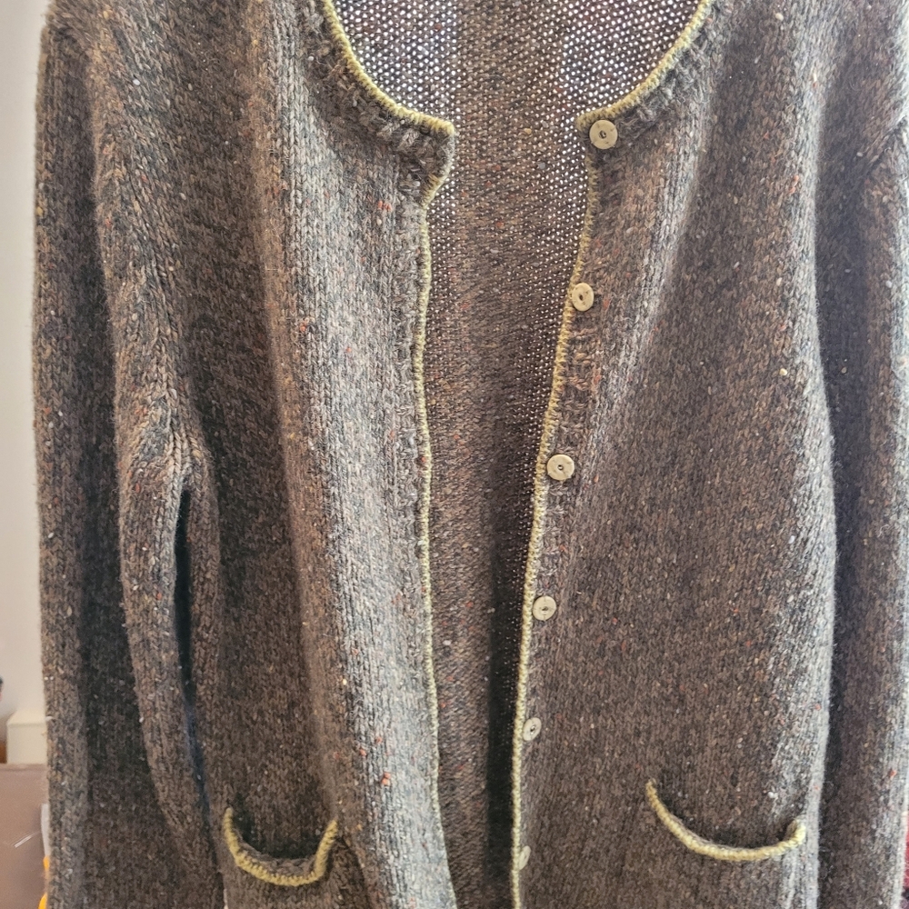 Wool/Angora Green Tweed Cardigan with Olive Trim, L, Talbots